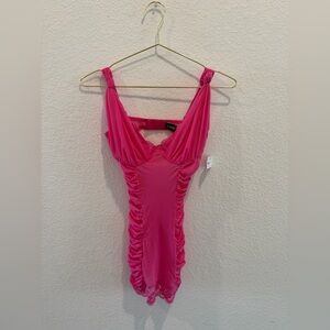 Frederick’s of Hollywood hot bombshell pink mini dress lingerie ruched